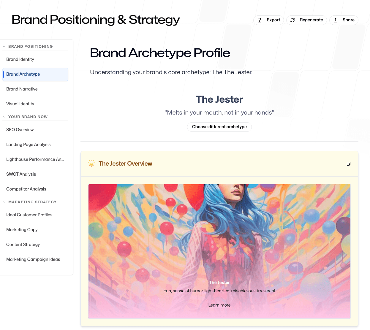 Brand Archetype Profile showing The Jester archetype based on Carl Jung framework